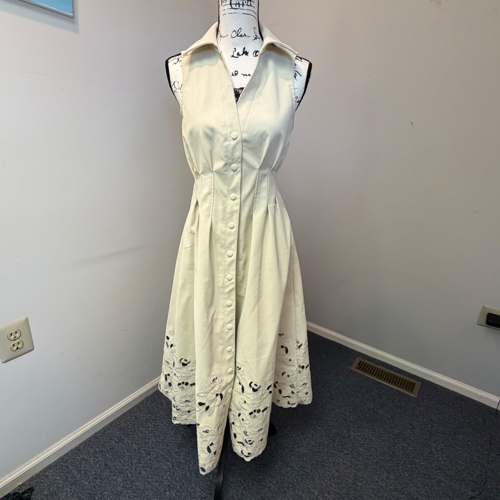 Cream Sleeveless Button Front Midi Dress Floral Eyelet Cutout Hem Cream Denim